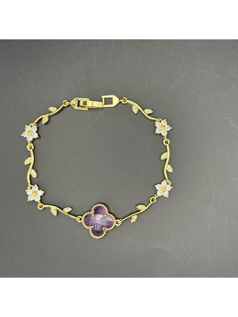 candy+clover lilac amethyst crystal clover floral vine gold tone bracelet